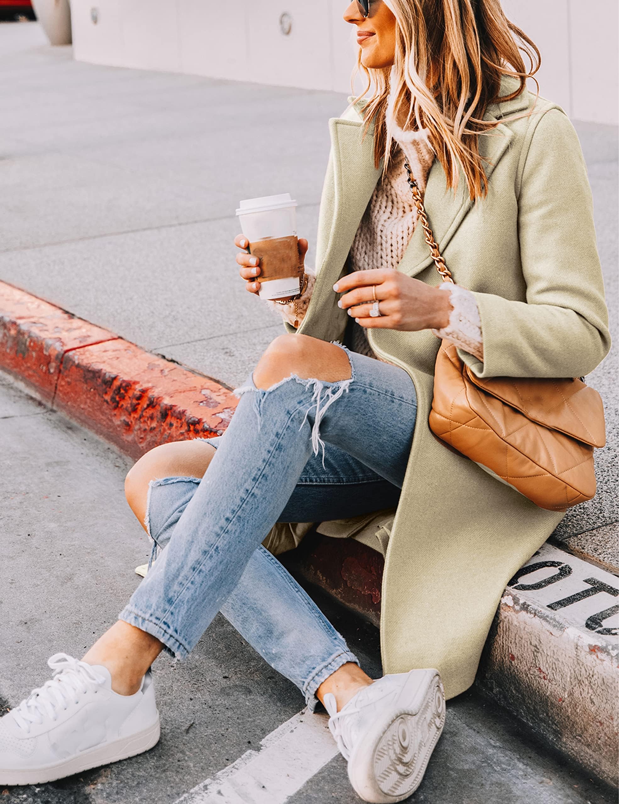 Women's Notch Lapel Double Breasted Wool Blend Mid Long Pea Trench Coat