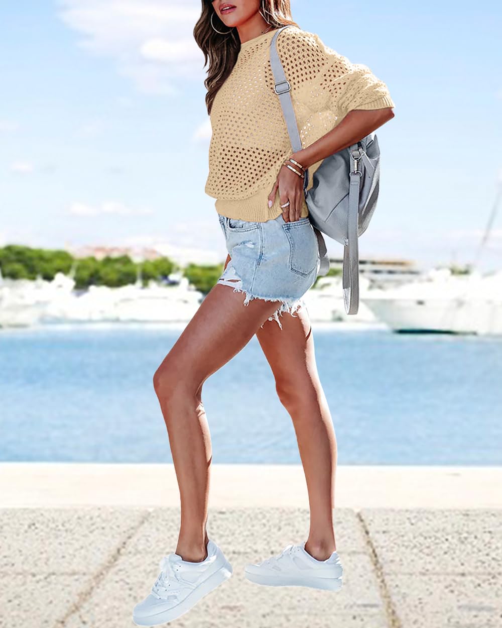 Women's Crochet Crewneck Lightweight Hollow Out Long Sleeve Sexy Knit Sweater