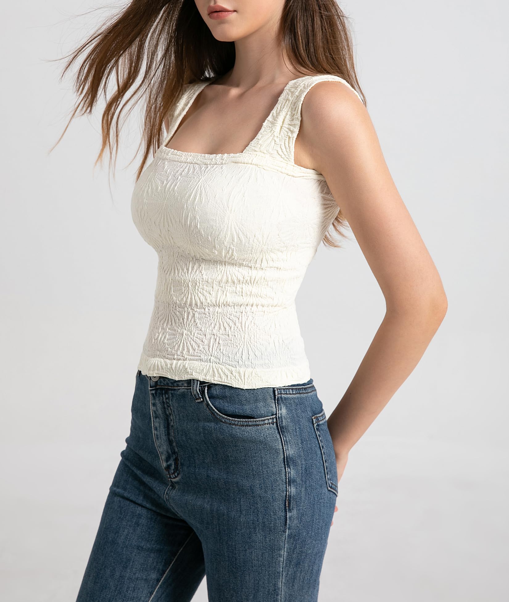 Women's Square Neck Wide Back Tank Top Floral Pattern Out Top