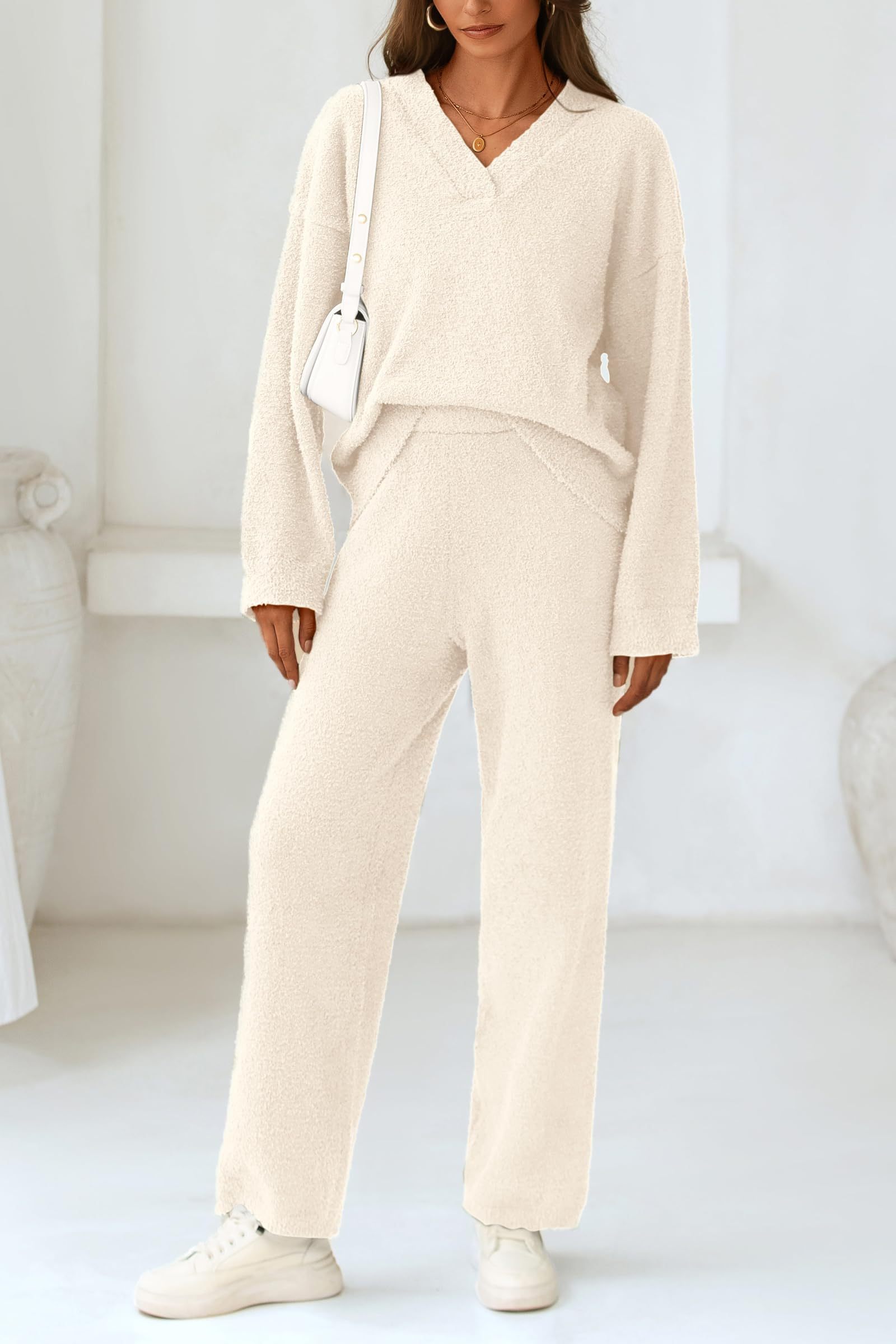 Women's 2 Piece Oversized V Neck Pullover Sweater Fuzzy Lounge Set