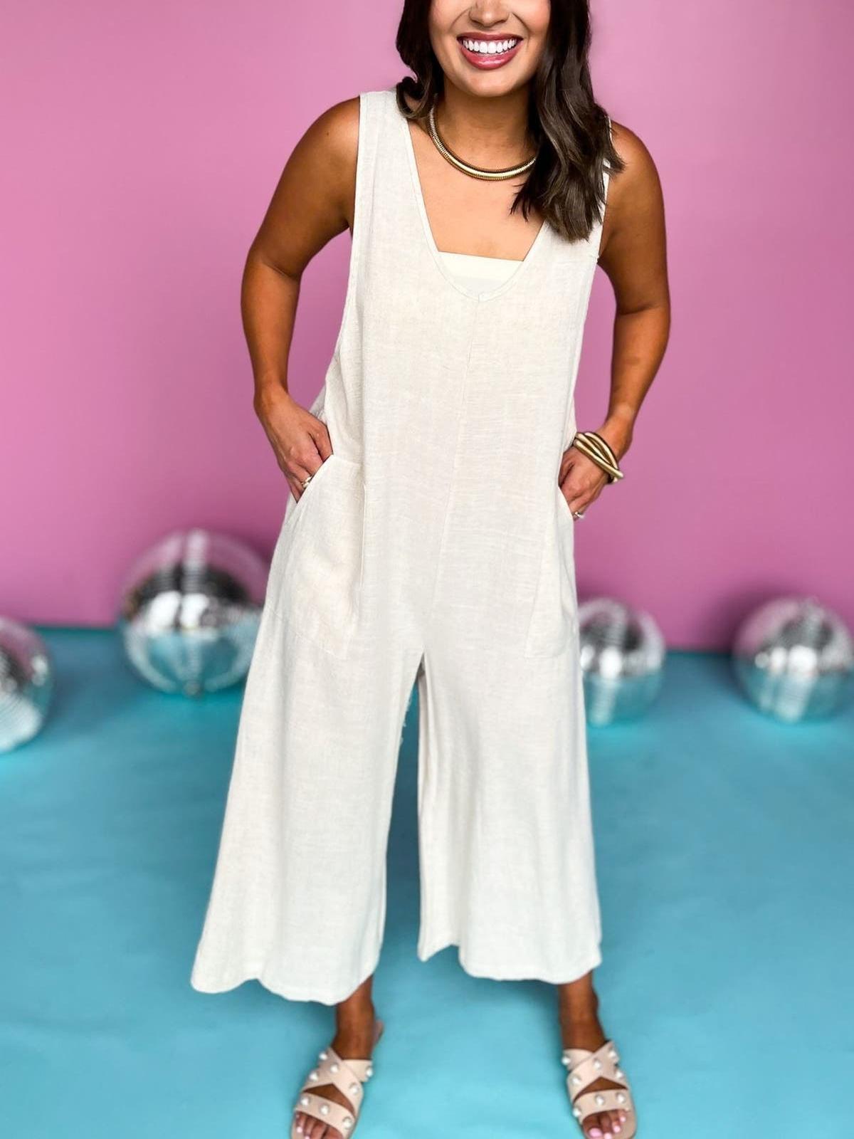 Linen Sleeveless Side Pocket Wide Crop Jumpsuit