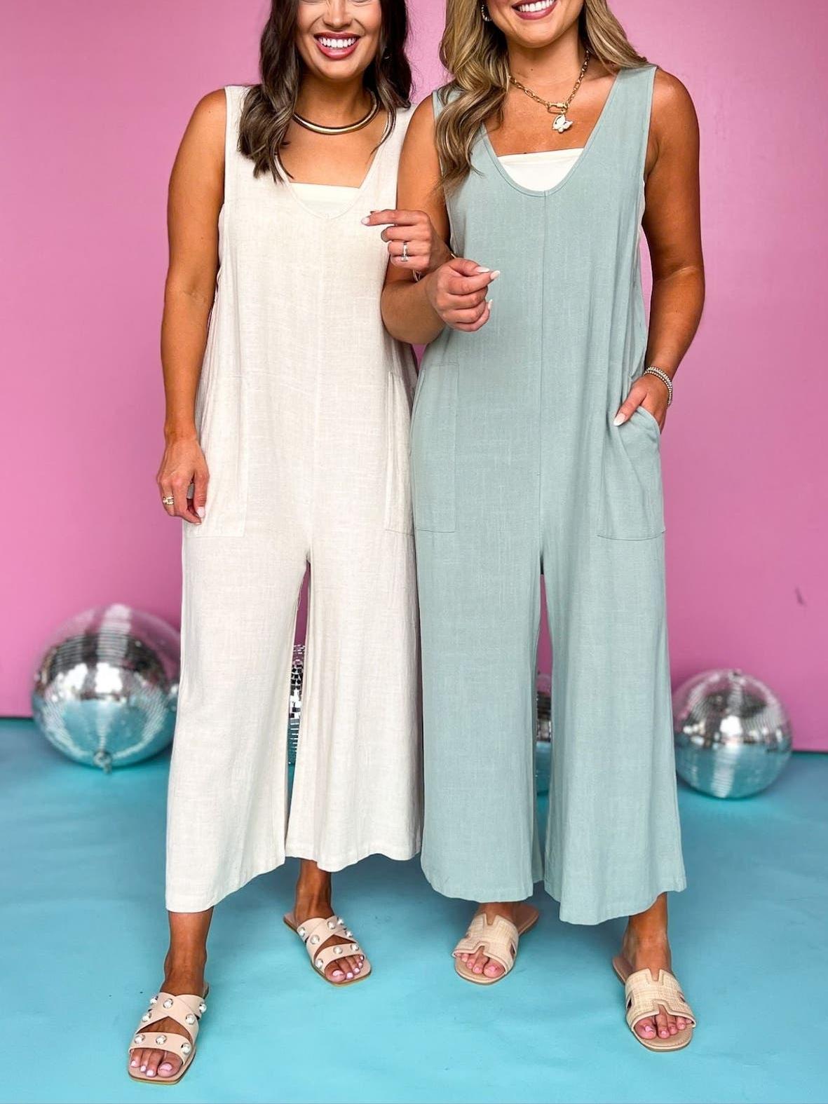 Linen Sleeveless Side Pocket Wide Crop Jumpsuit