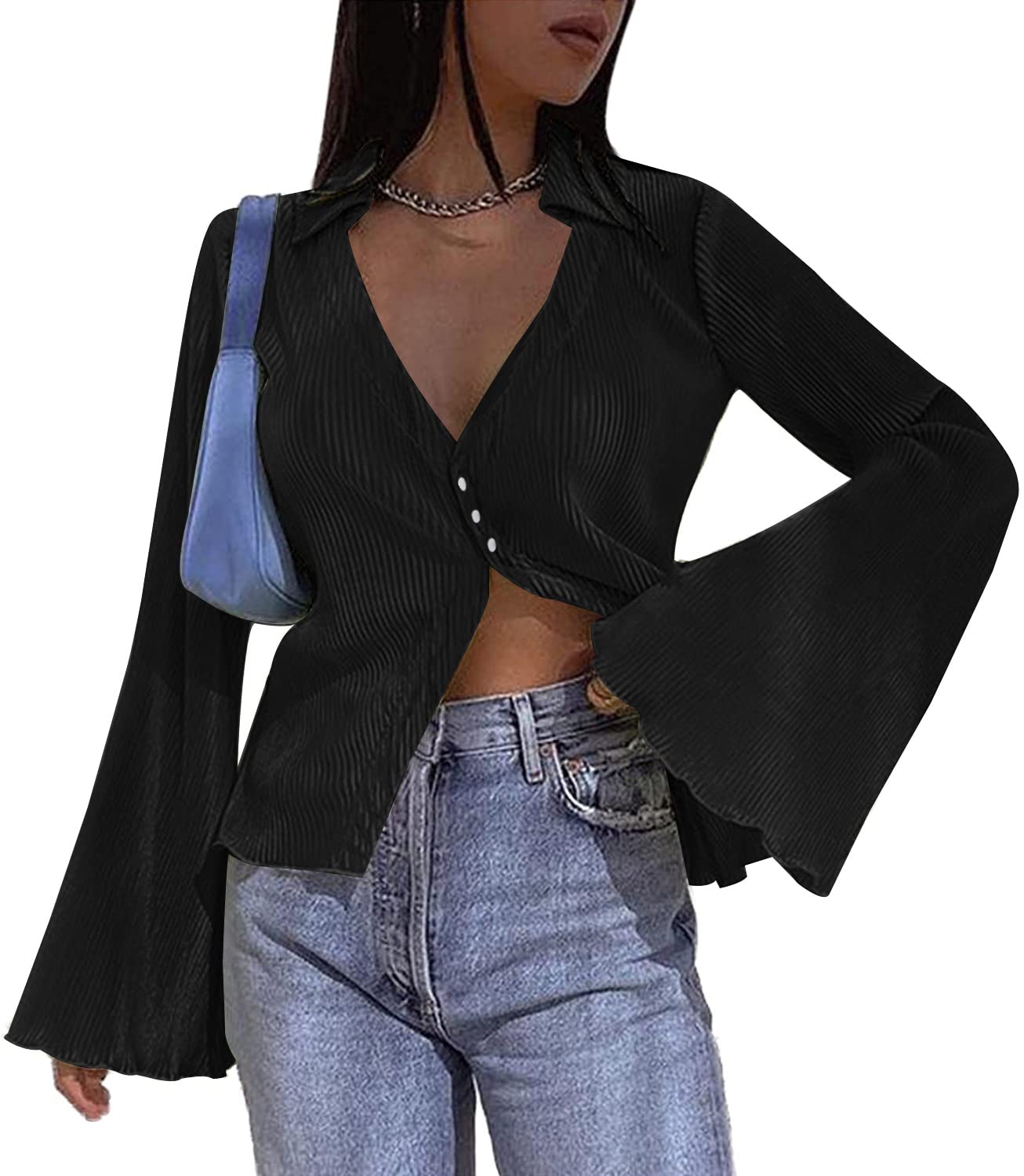 Women's Deep V Neck Shirt  Blouse Bell Long Sleeve Tops