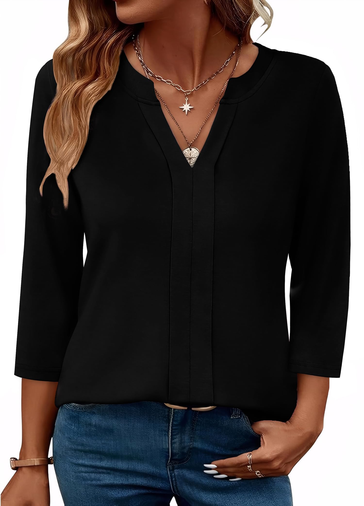 Womens 3/4 Length Sleeve Tops V Neck Pleated Work Blouses(buy 3 free shipping)