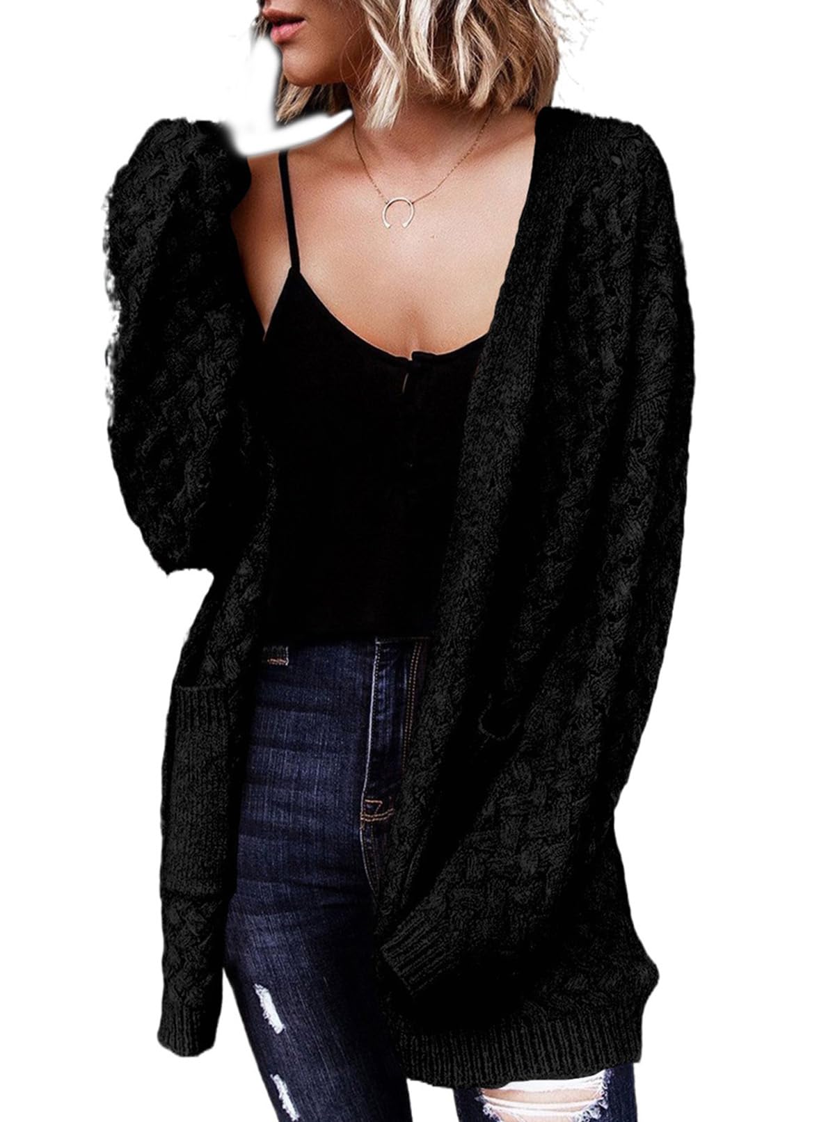 Women's Casual Open Front Long Sleeve Chunky Cable Knit Cardigans With Pockets