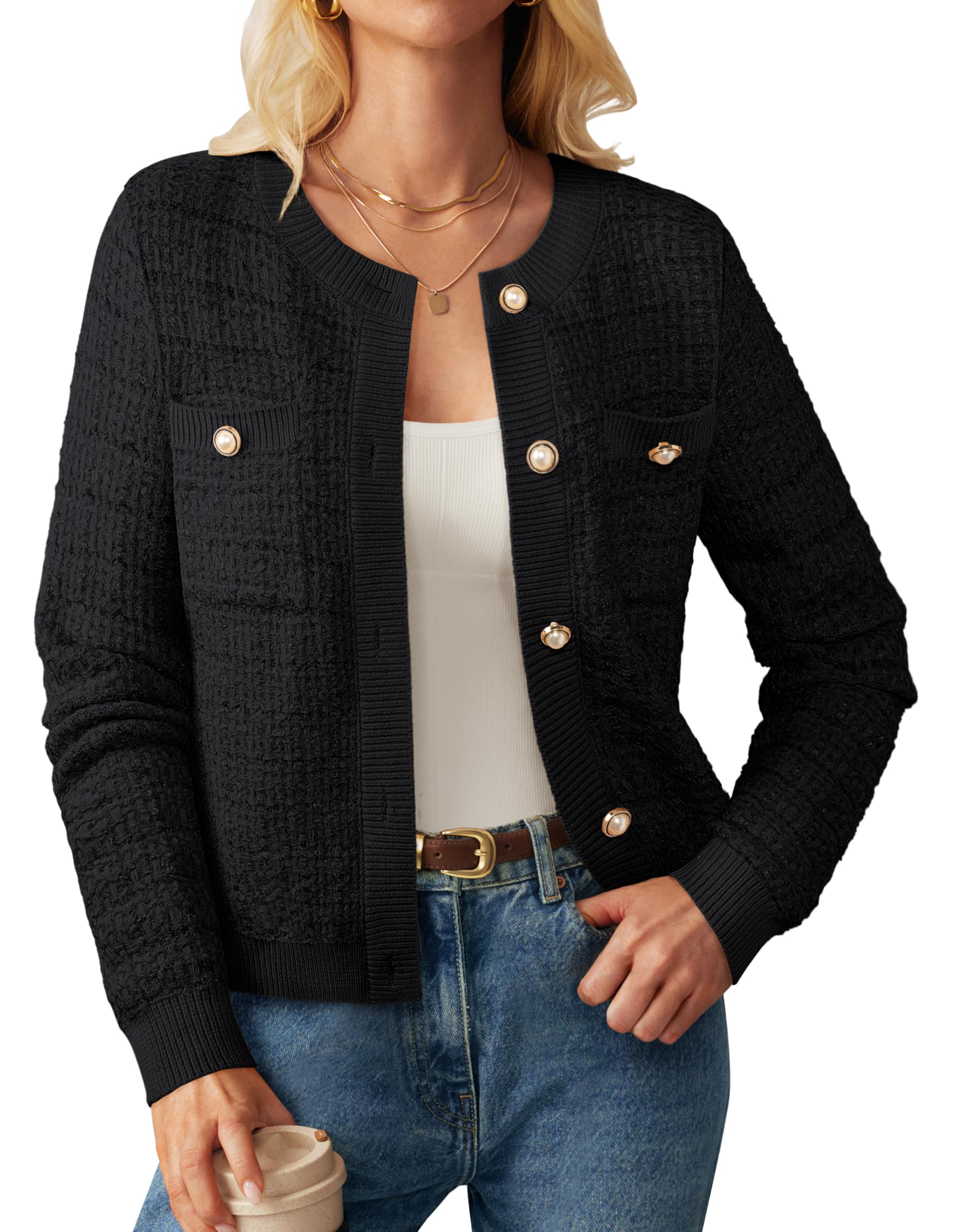 Womens Open Front Button Down Texture Knit Cardigan Sweaters with Pockets