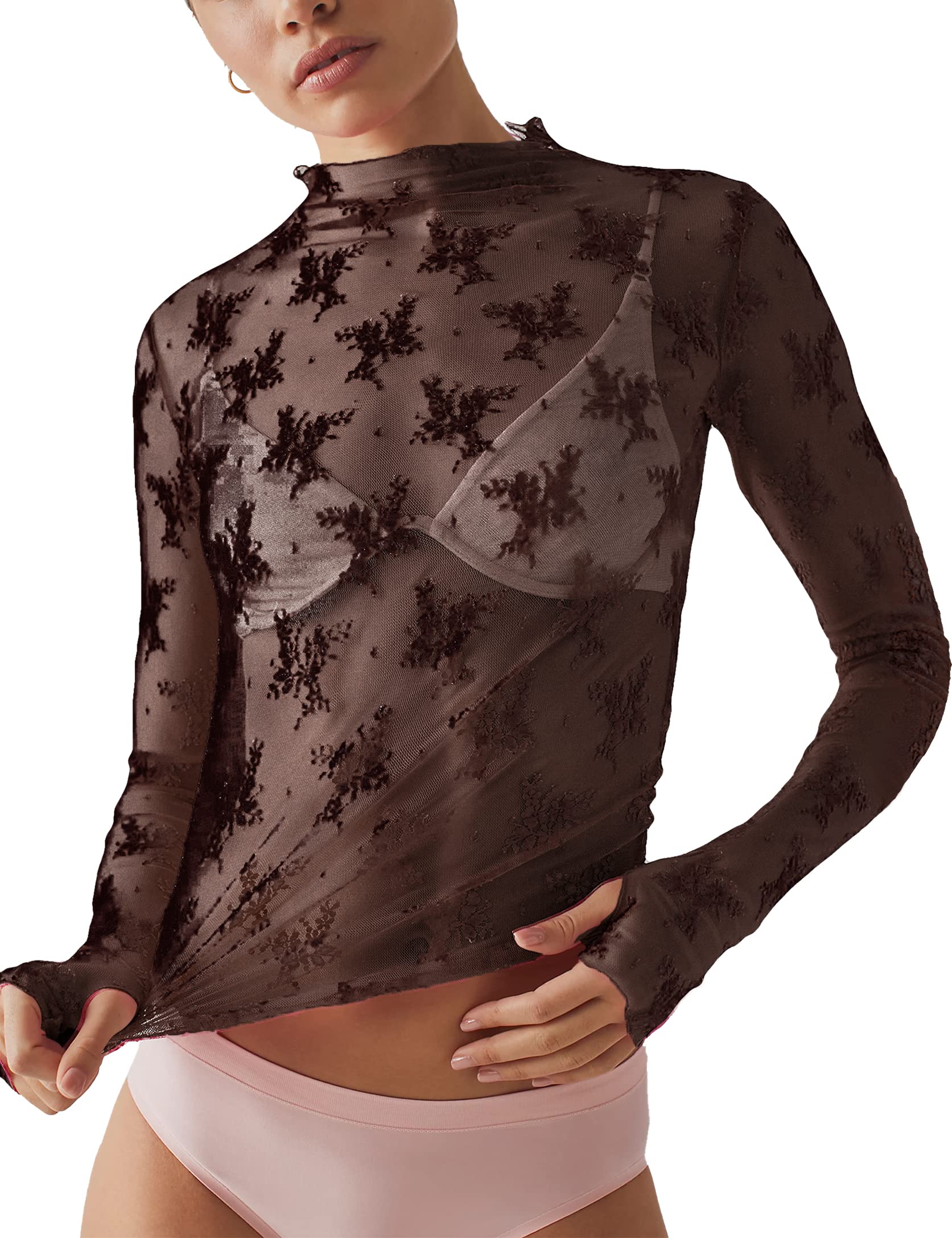 Women's Sexy Long Sleeve Mock Neck Lace Floral Lace Tops