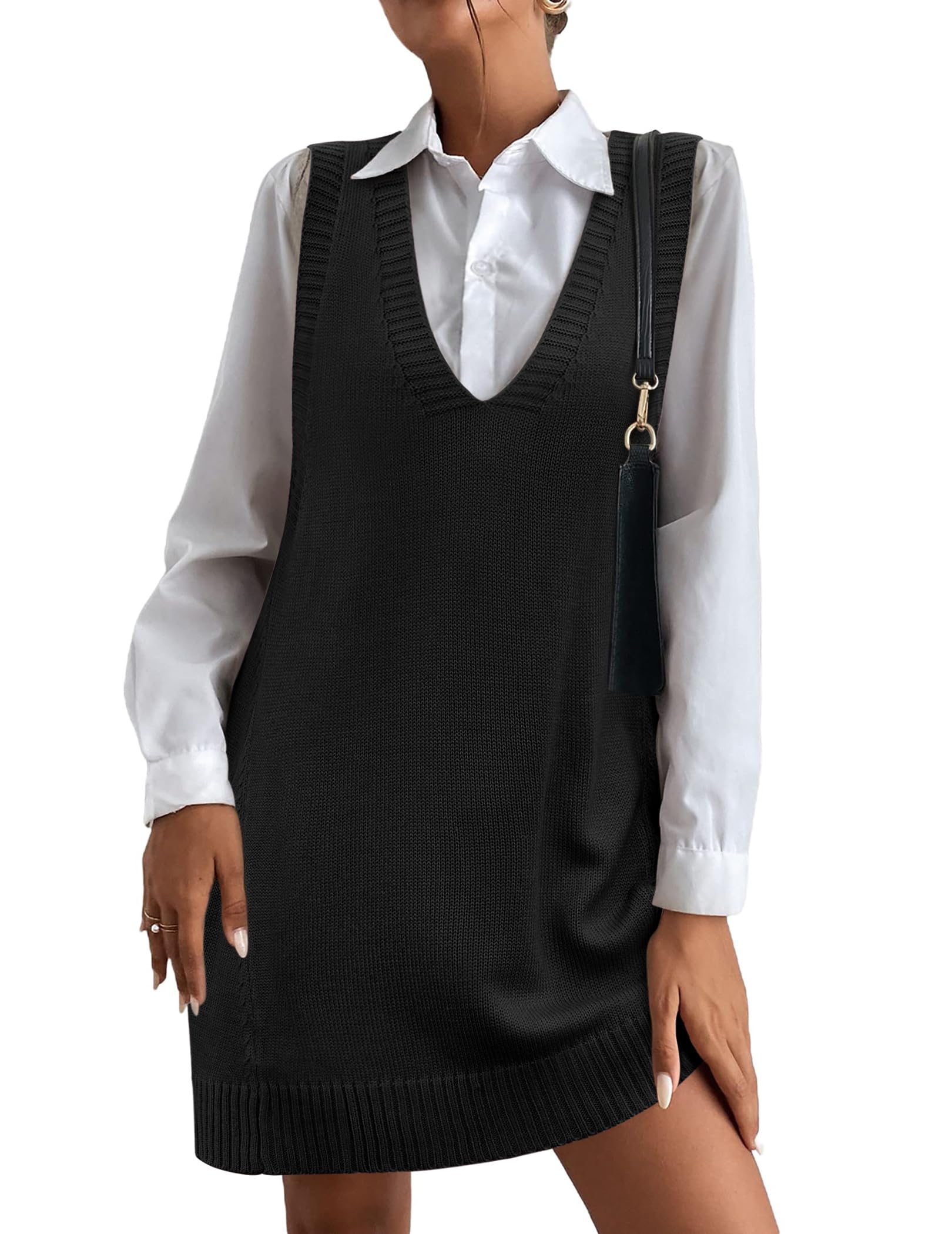 Women Oversized V Neck Sleeveless Knit Pullover Ribbed Vest Dress with Pockets