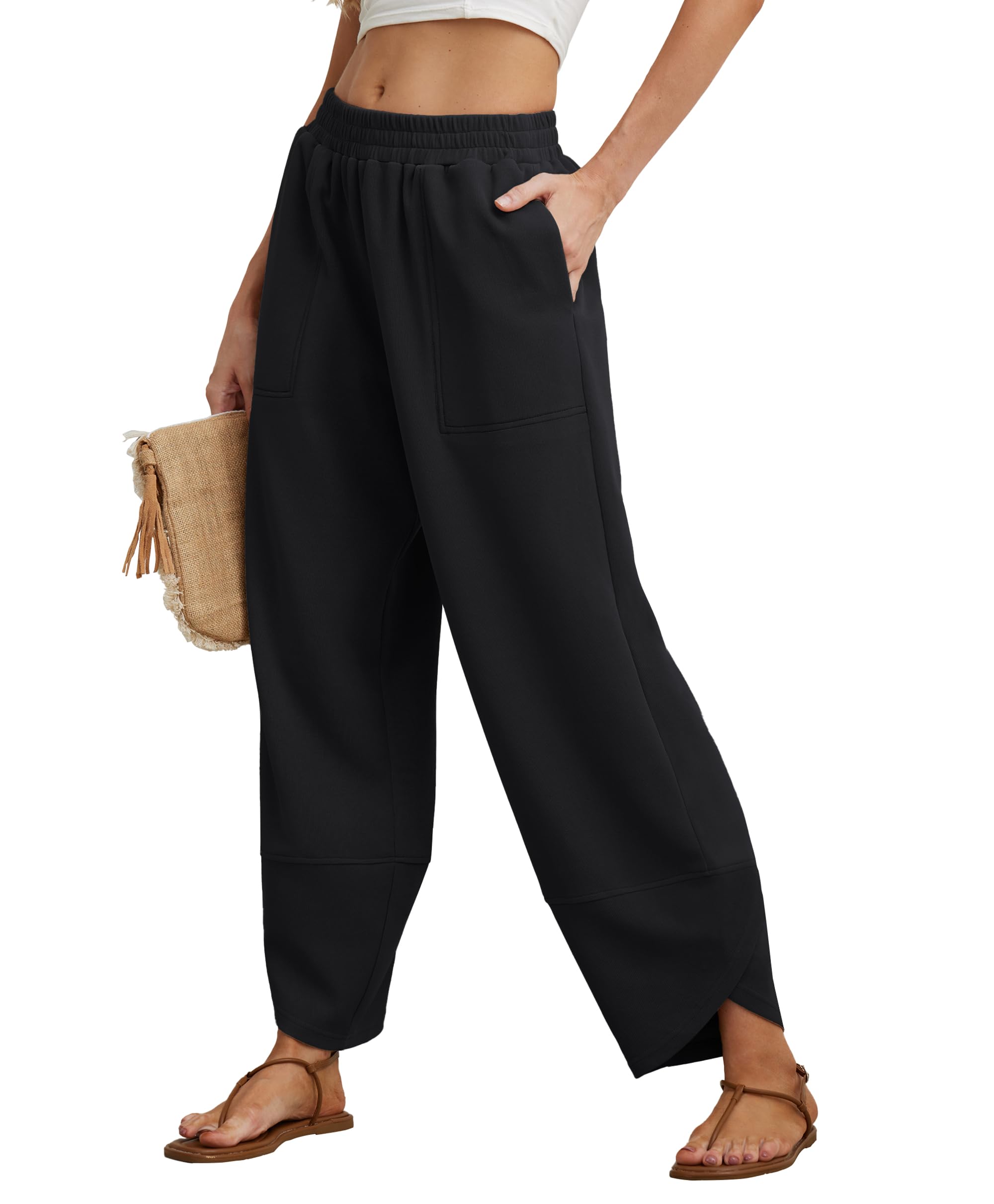 Women's Cotton Elastic Waisted Baggy Wide Leg Pants With Pockets
