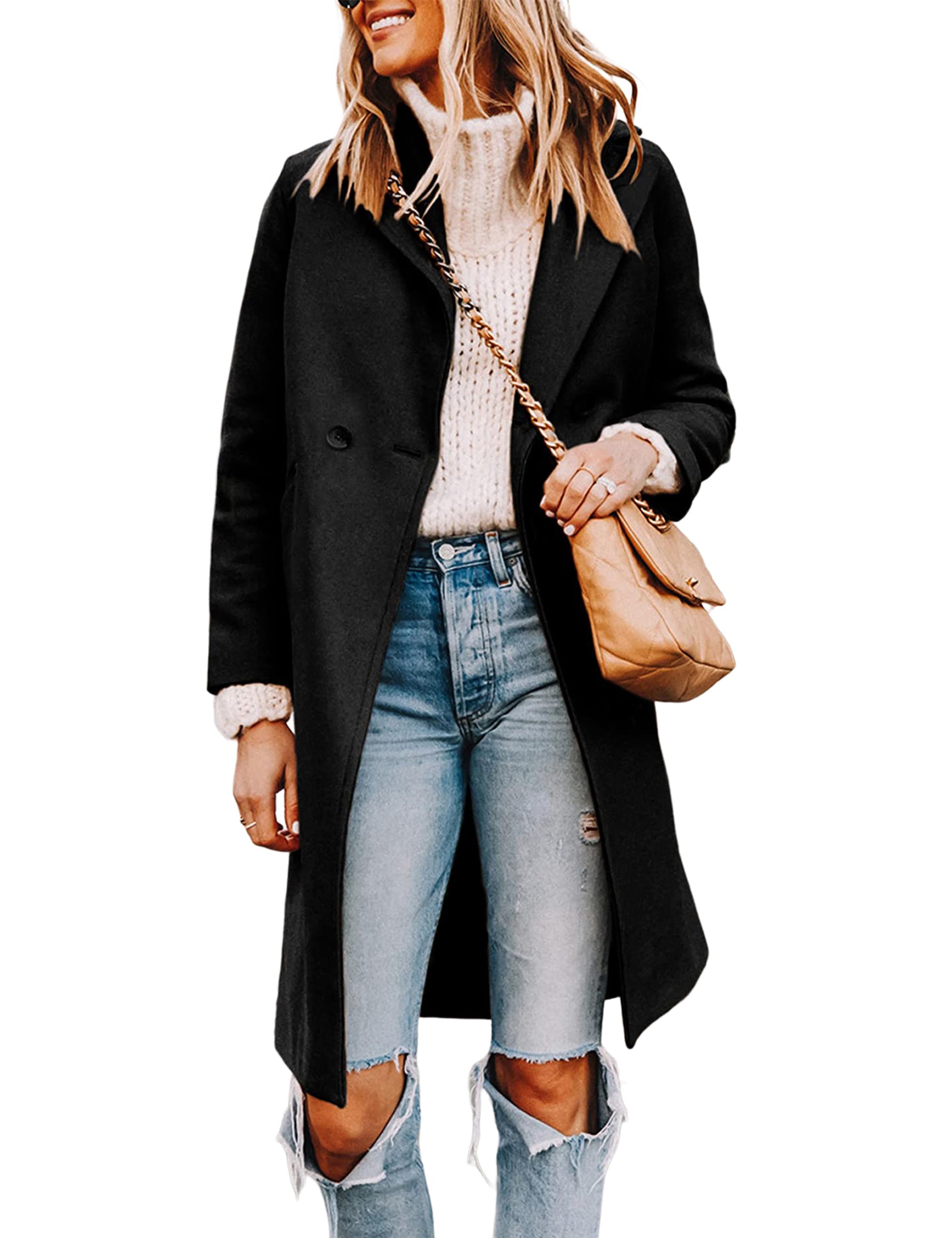 Women's Notch Lapel Double Breasted Wool Blend Mid Long Pea Trench Coat