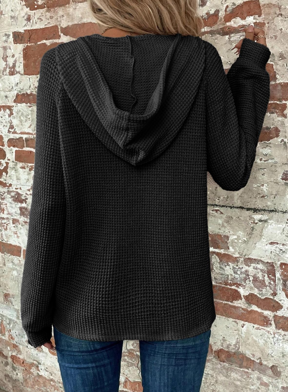 2024 New Women's Waffle Knit Drawstring Button V Neck Hooded Sweatshirt(buy 2 free shipping)