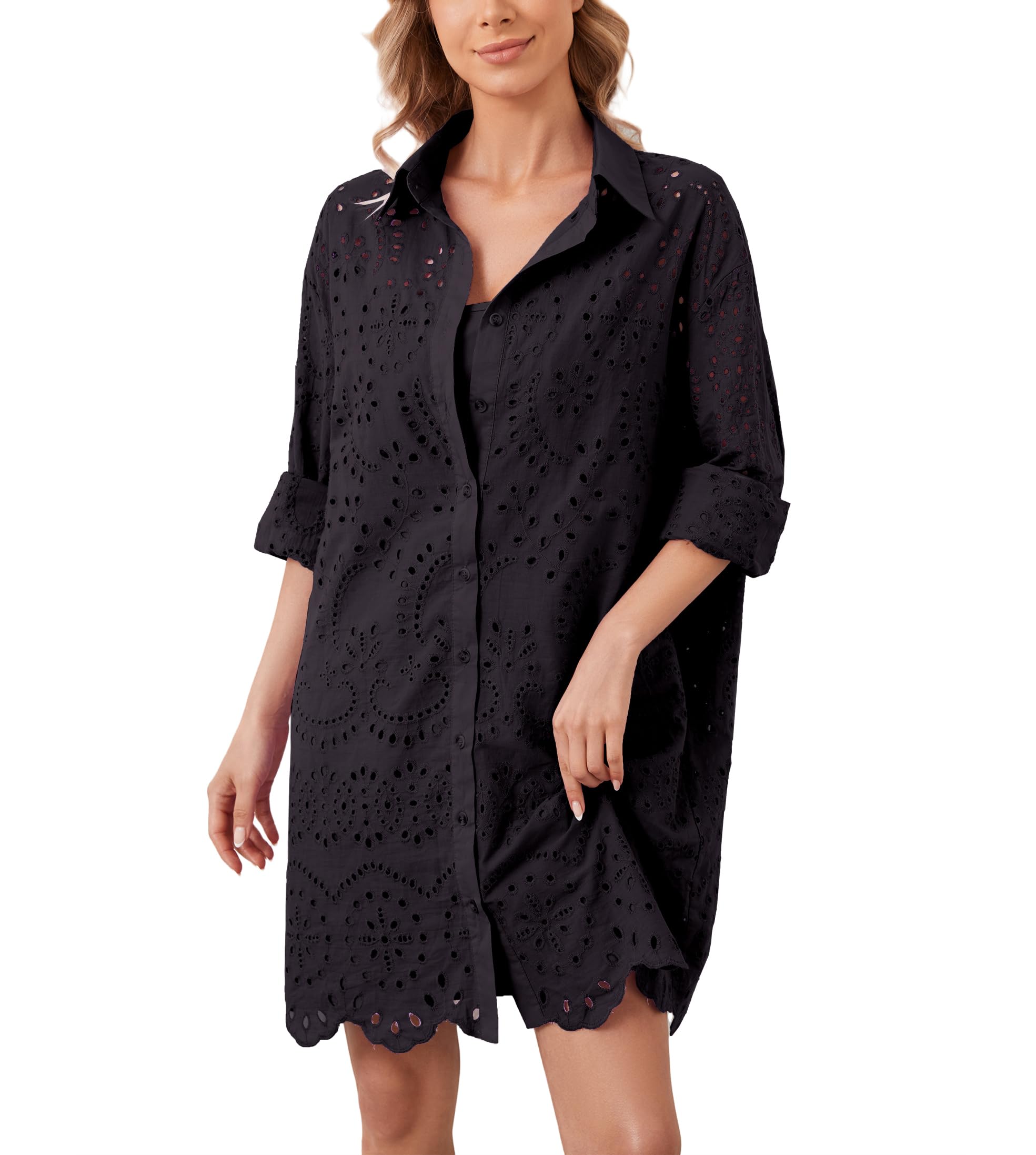 Women's Hollow Out Button Down Lapel Loose Mini Shirt Dress