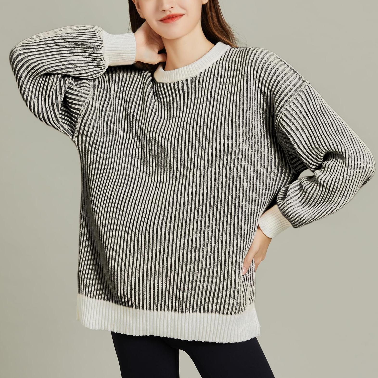 Women Striped Round Neck Rib Knit Blouse Sweater