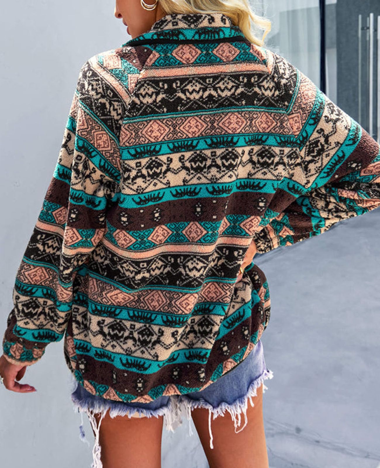 Women's Western Aztec Print Long Sleeve Snap Button Down Fleece Jackets with Pockets