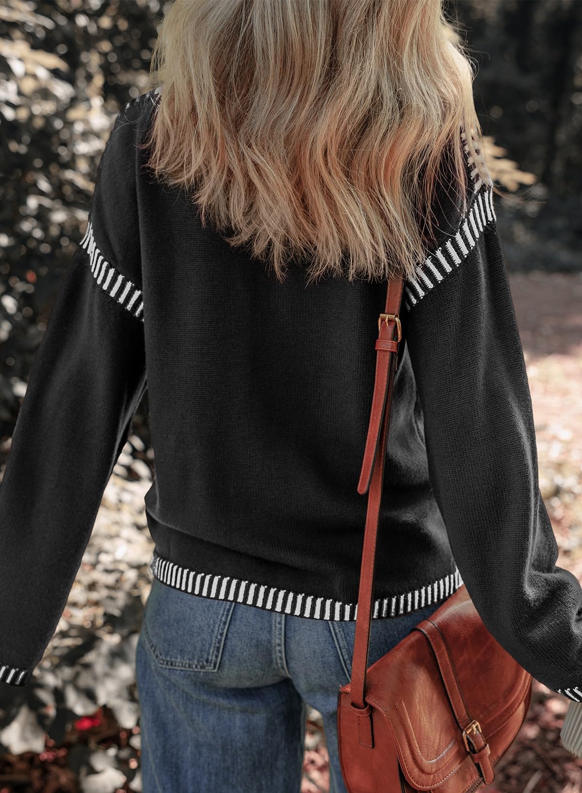 Women's Solid Crewneck Loose Fit Contrast Cable Knit Pullover Sweater