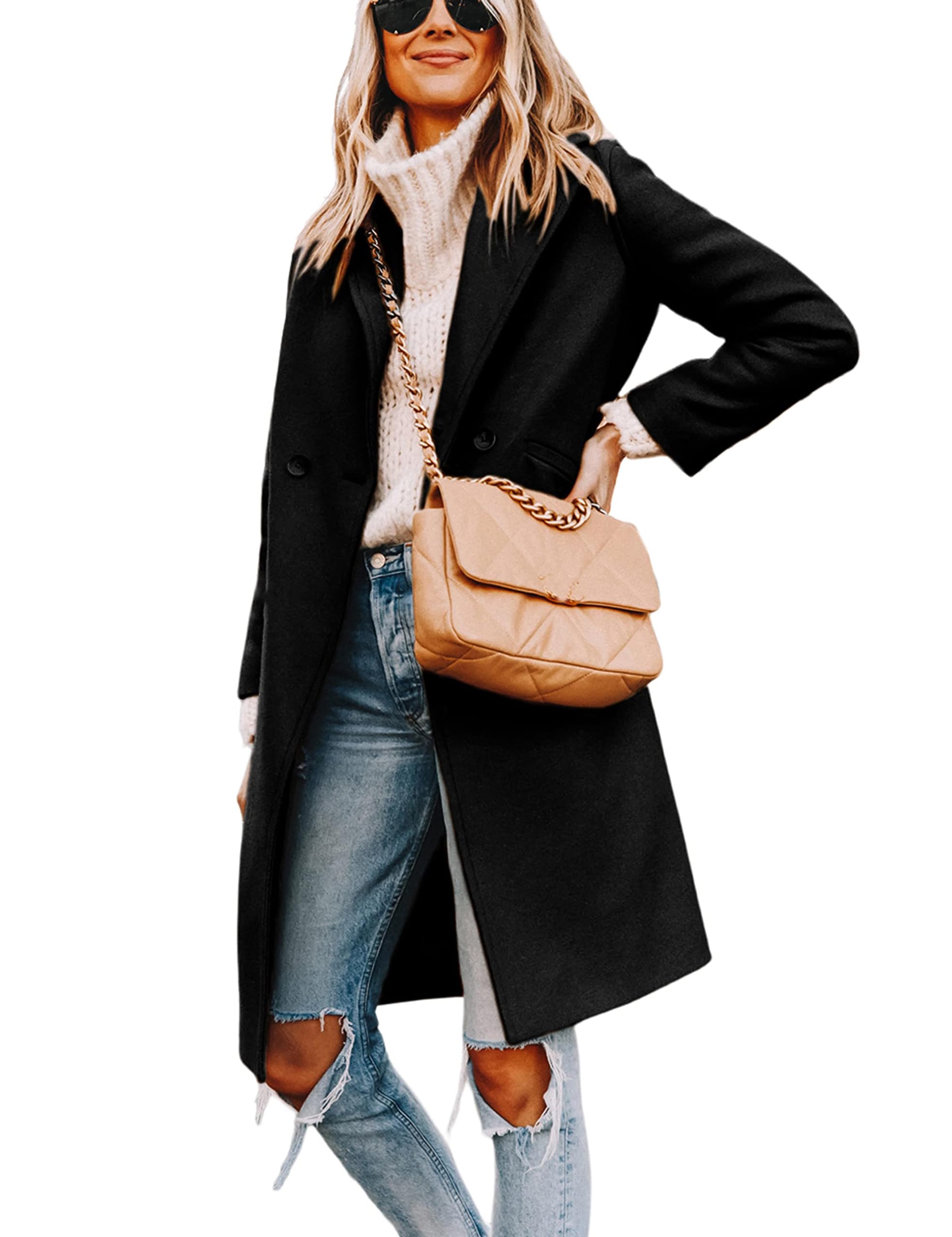 Women's Notch Lapel Double Breasted Wool Blend Mid Long Pea Trench Coat