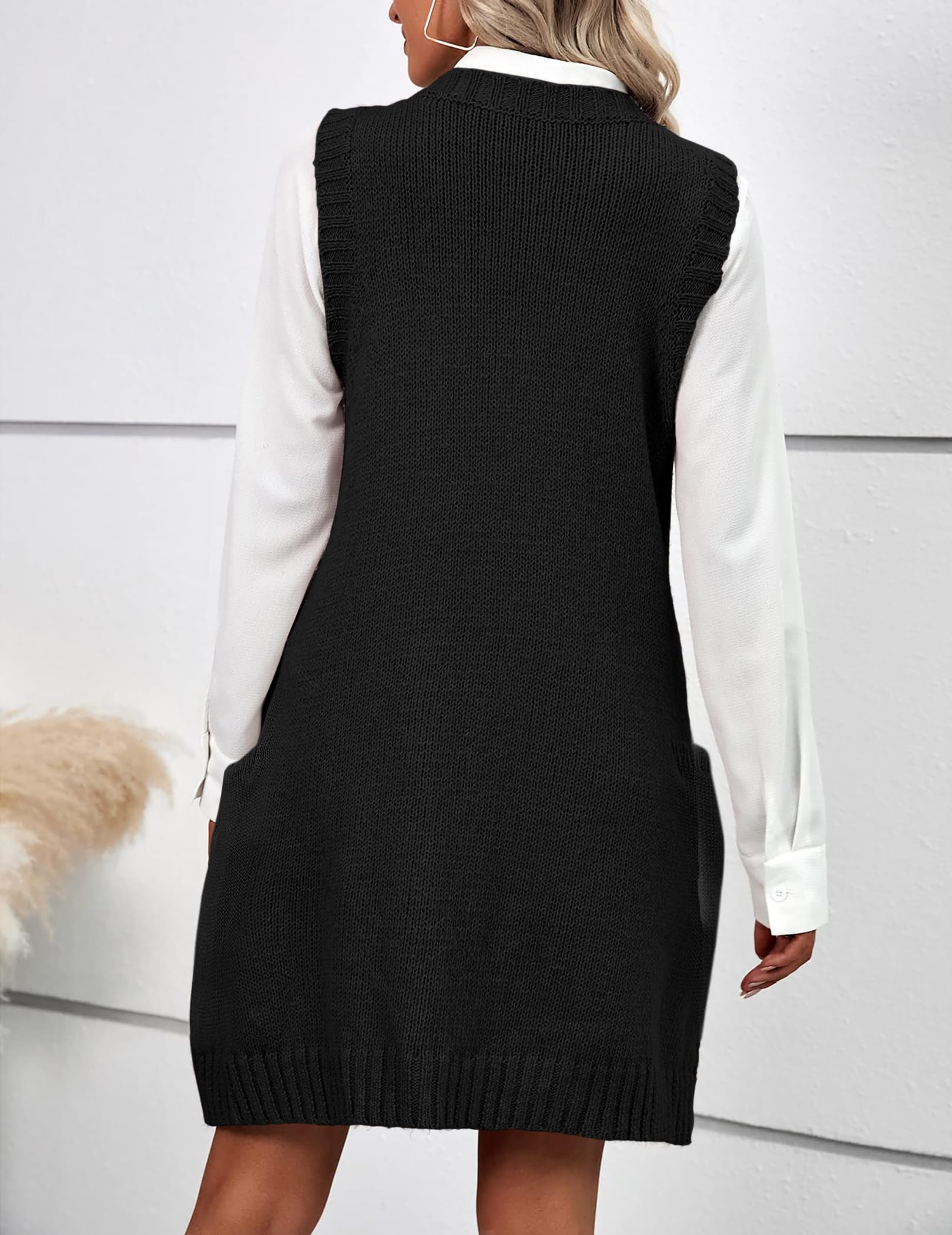 Women Oversized V Neck Sleeveless Knit Pullover Ribbed Vest Dress with Pockets (BUY 2 FREE SHIPPING)