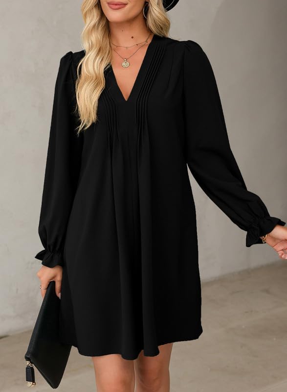 2025 New Womens Casual Ruffle Sleeve V Neck Pleated Flowy Shirt Dresses(BUY 2 FREE SHIPPING)