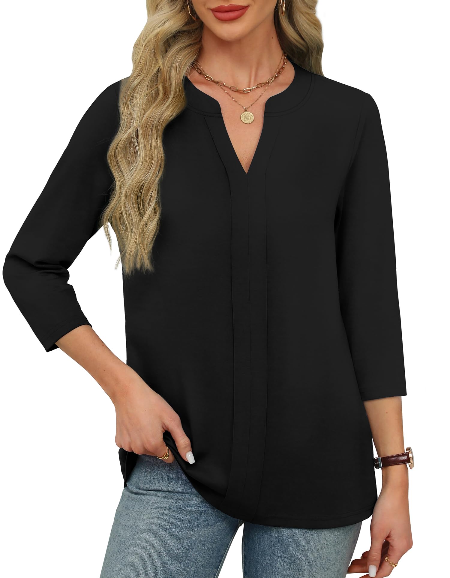 Womens 3/4 Length Sleeve Tops V Neck Pleated Work Blouses(buy 3 free shipping)