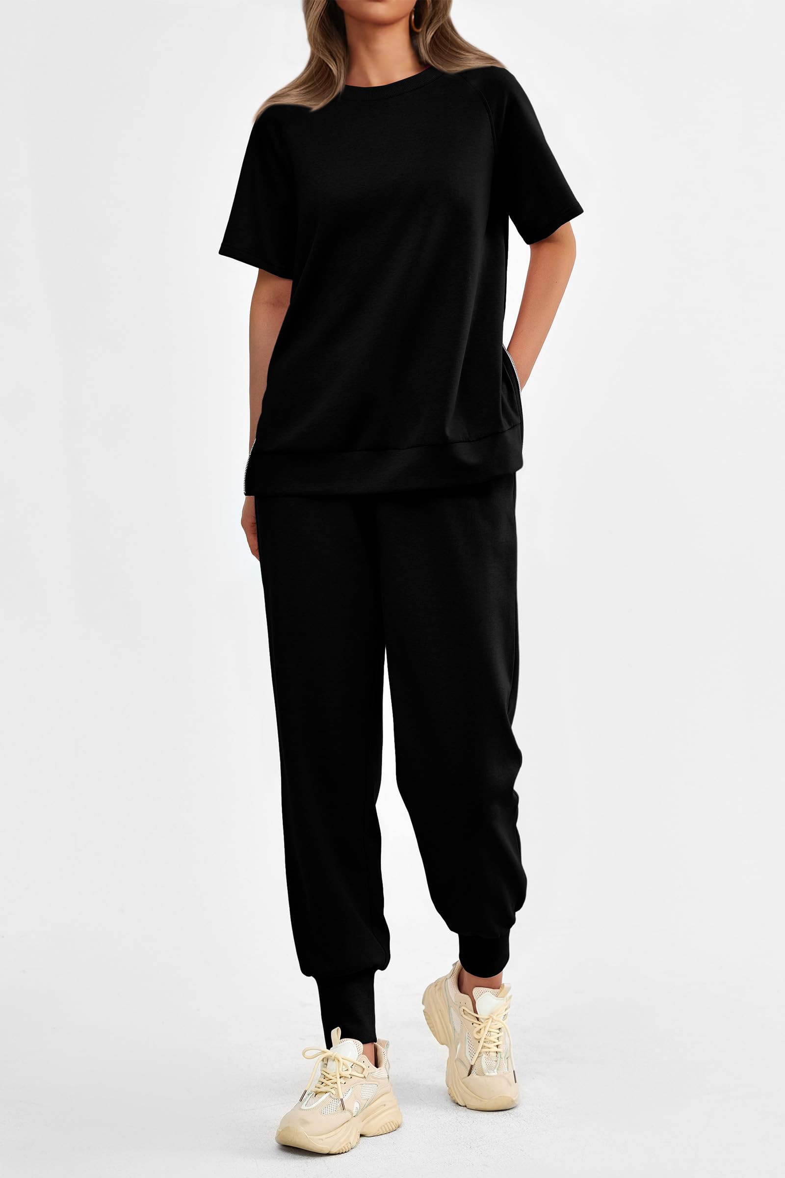 Women's Casual Short Sleeve Tops High Waisted Sweatpants Set