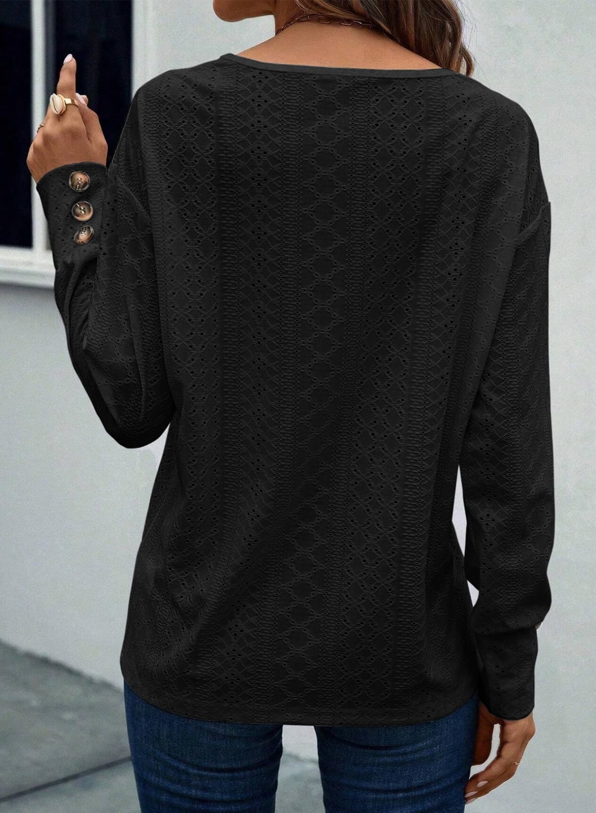 Women's Casual V Neck Long Sleeve Hollow Out Lace Embroidered Tops