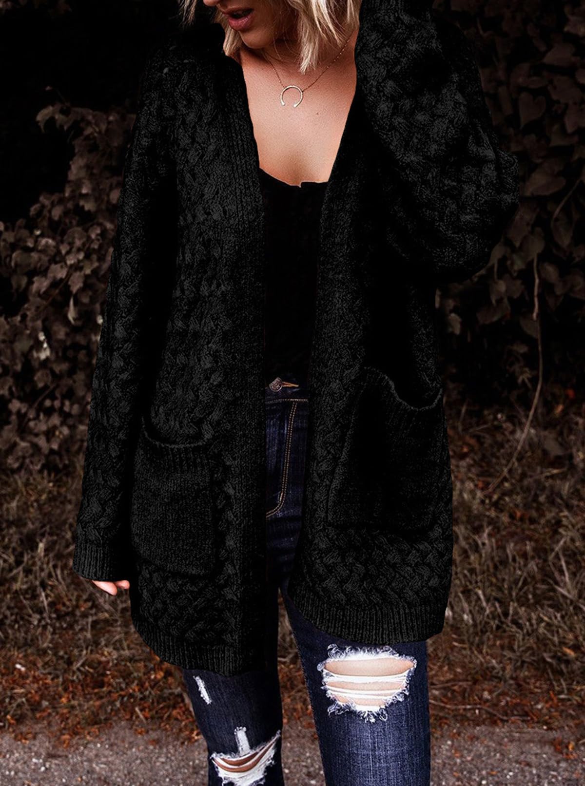 Women's Casual Open Front Long Sleeve Chunky Cable Knit Cardigans With Pockets