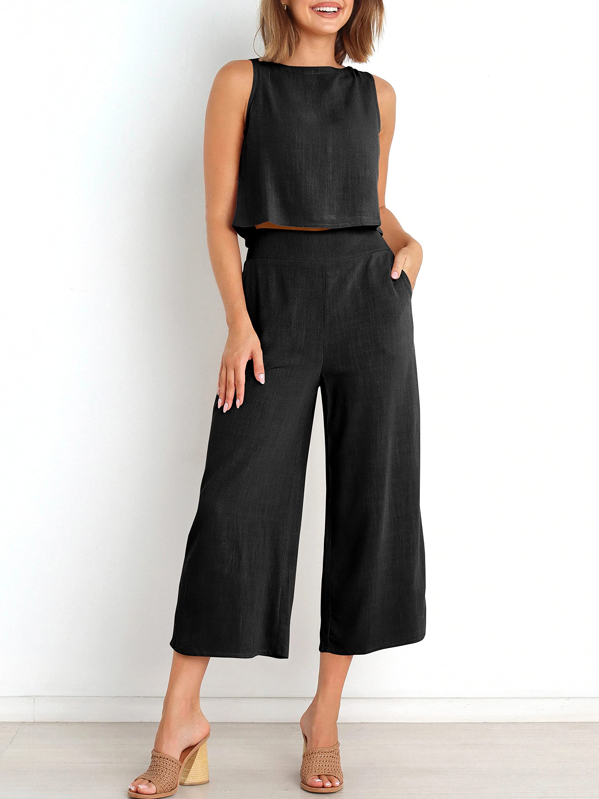 Sleeveless Tank Wide Leg Pants With Pockets-hivebabe.com