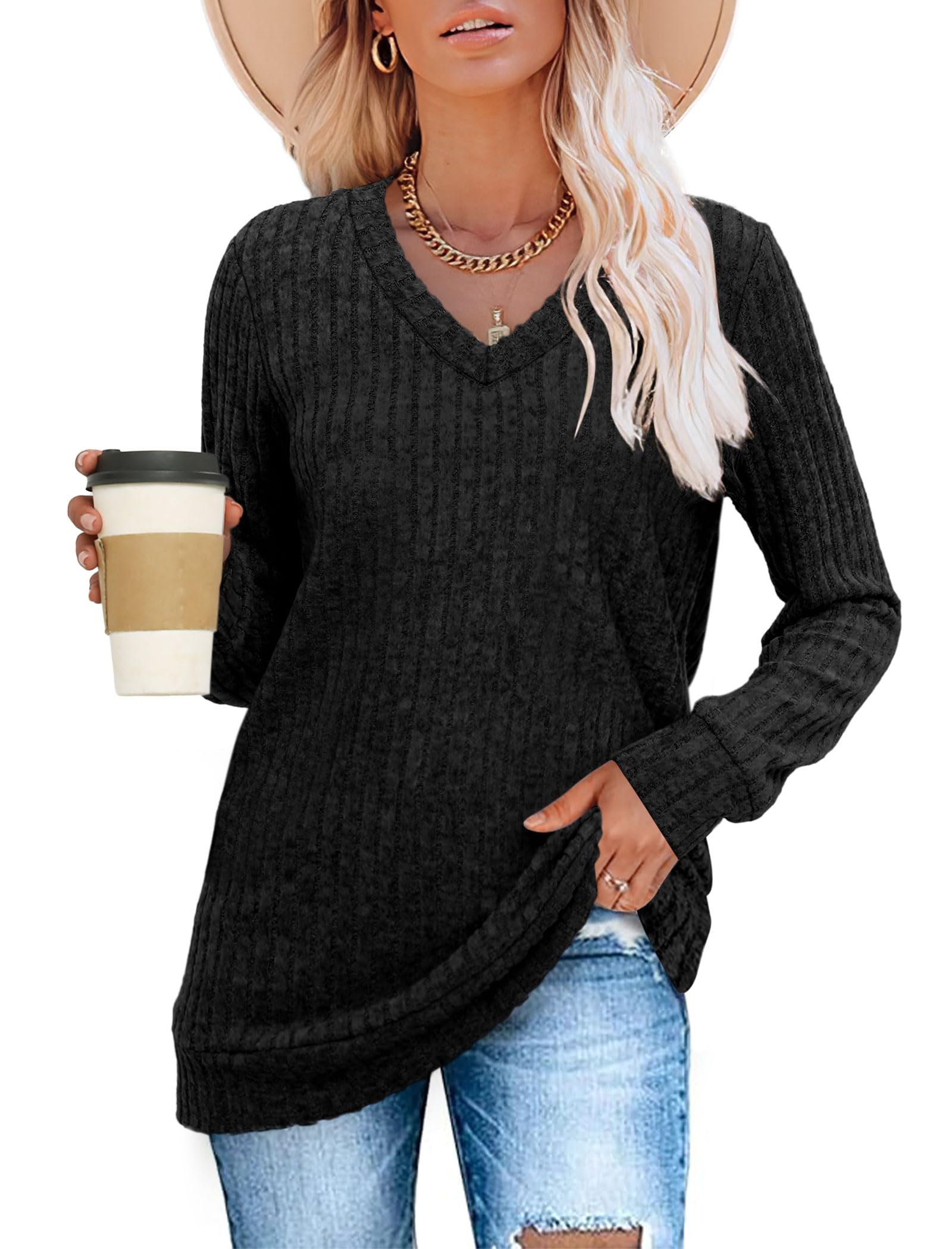 Women's Casual Fall V Neck Lightweight Tunic Sweaters 