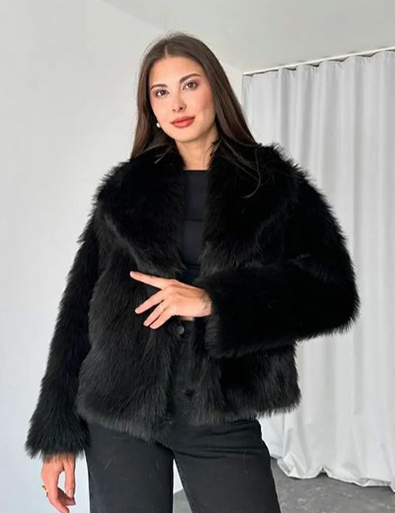 Women  Faux Fur Long Sleeves Loose Open Front  Coat