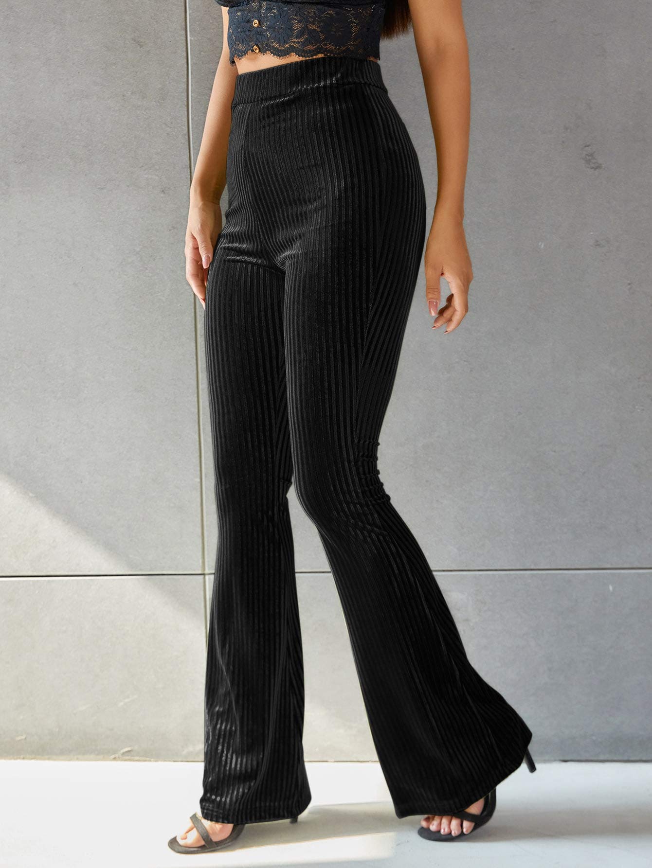 Women's Velvet Elastic Waist Flare Leg Palazzo Long Pants Trousers