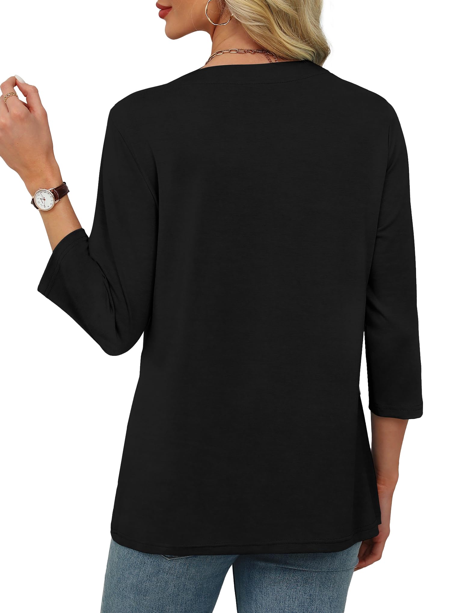 Womens 3/4 Length Sleeve Tops V Neck Pleated Work Blouses(buy 3 free shipping)