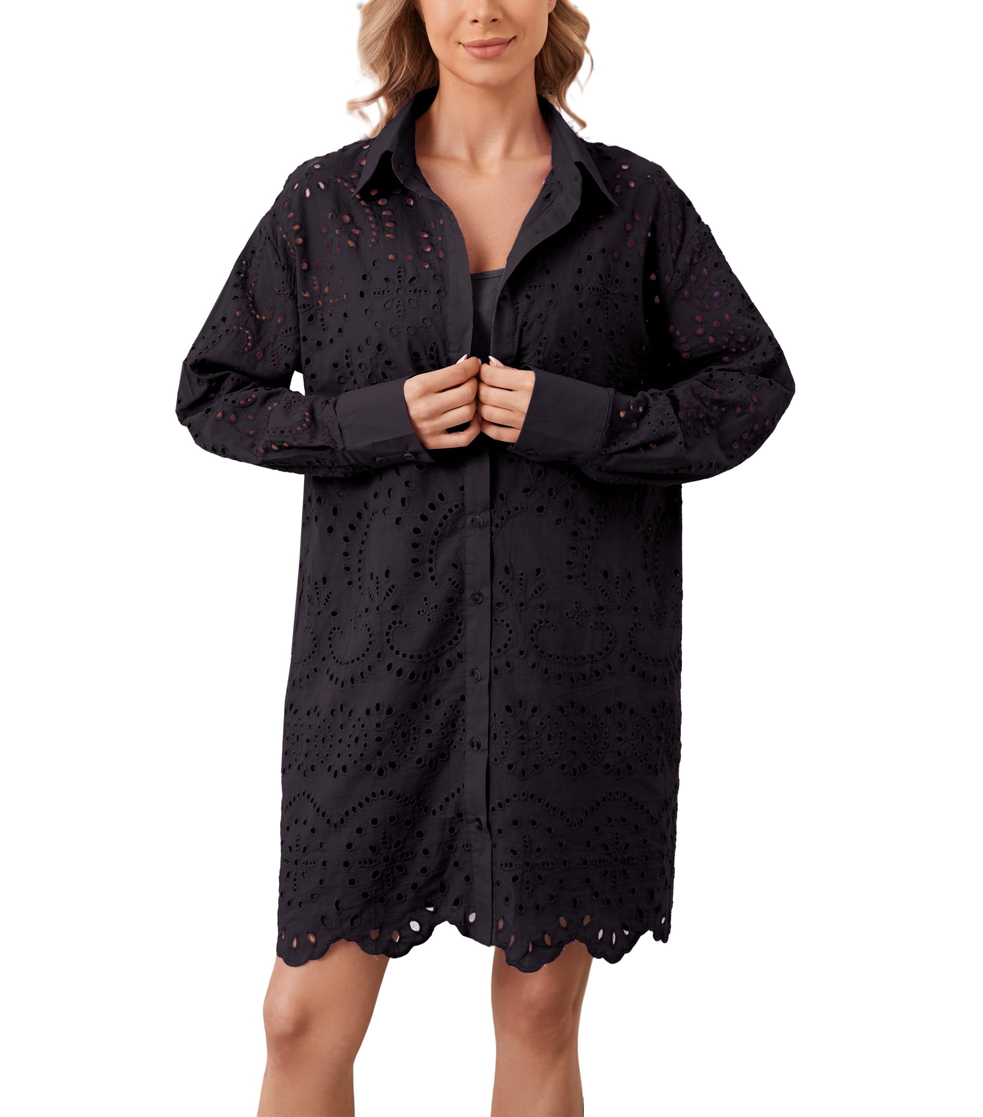 Women's Hollow Out Button Down Lapel Loose Mini Shirt Dress