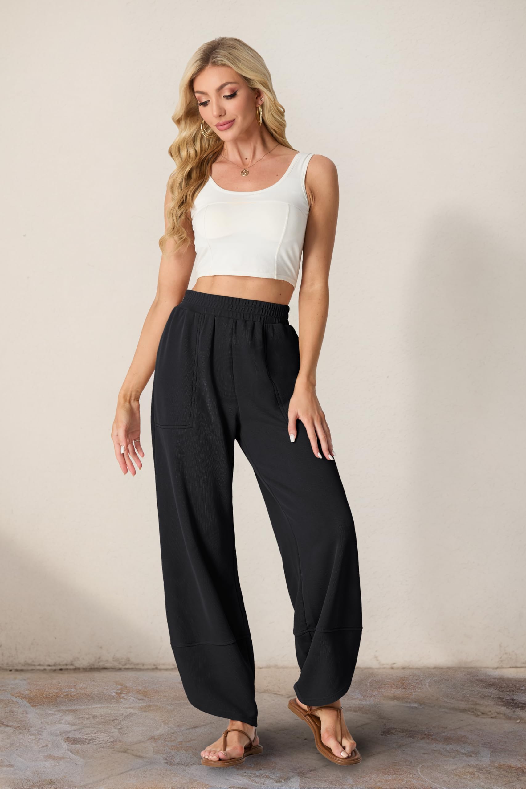 Women's Cotton Elastic Waisted Baggy Wide Leg Pants With Pockets