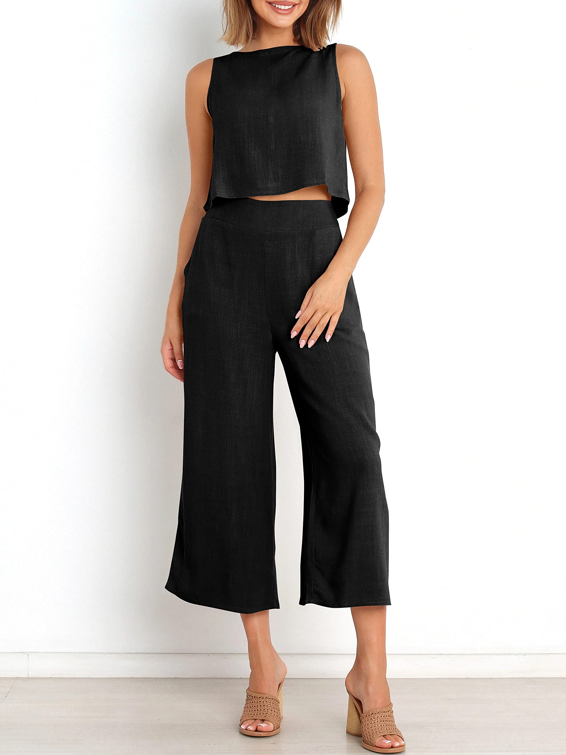 Sleeveless Tank Wide Leg Pants With Pockets-hivebabe.com