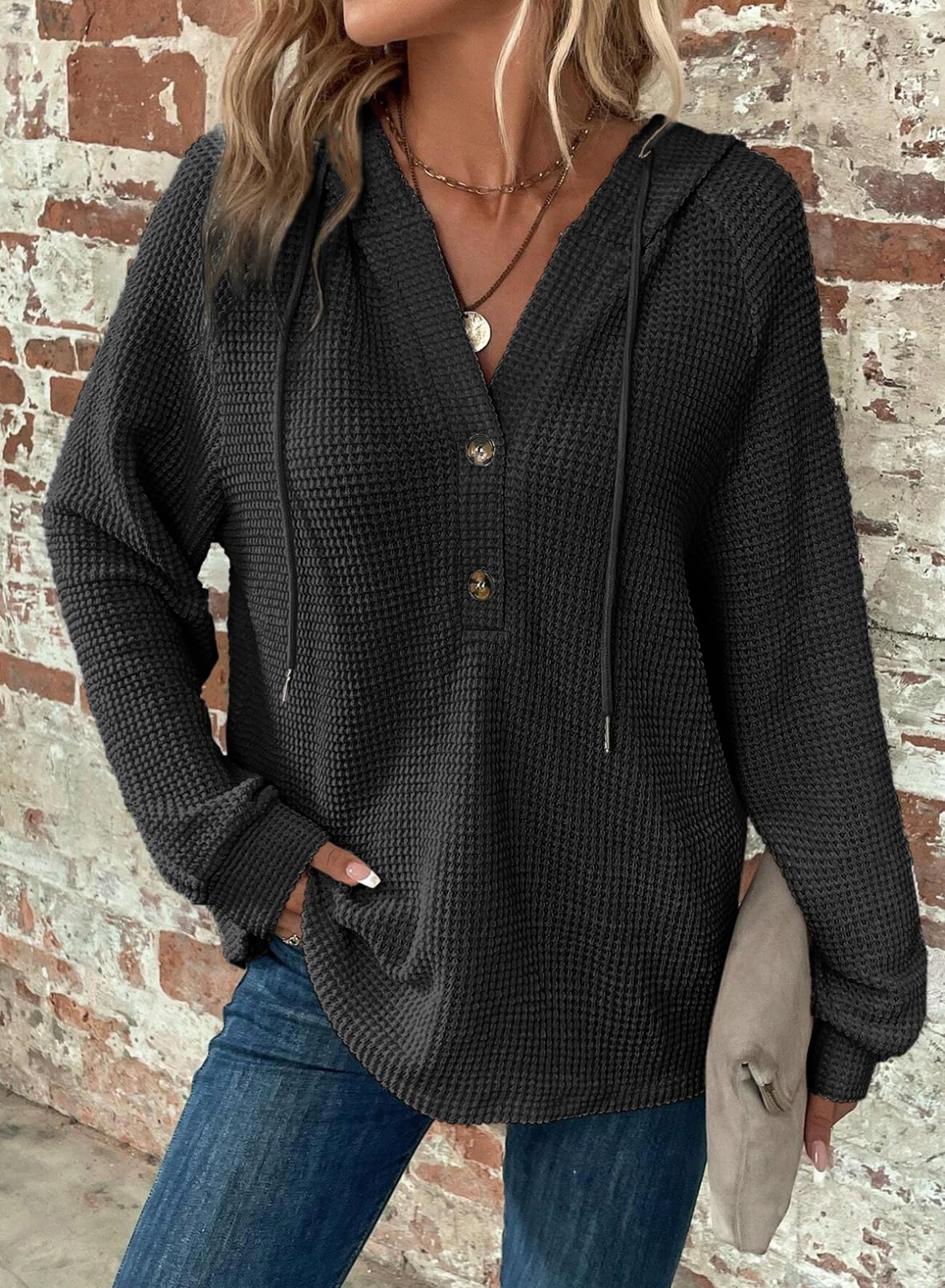 2024 New Women's Waffle Knit Drawstring Button V Neck Hooded Sweatshirt(buy 2 free shipping)