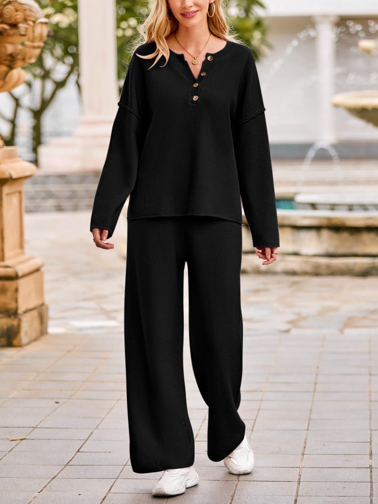 Women's Long Sleeve Button Knit Pullover Sweater and Pants Lounge 2 Piece Outfit Sets