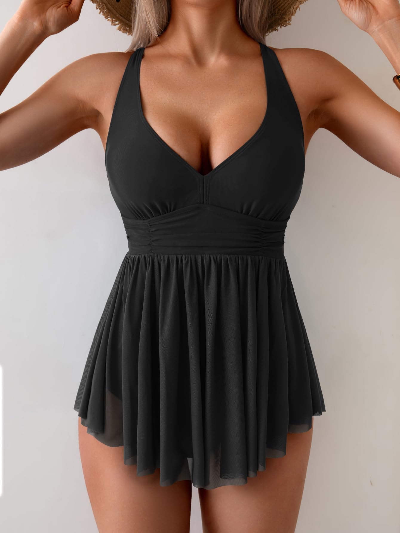 HOT SALE Women's One Piece Swim Dress Swimsuit Tummy Control Mesh Swimdress