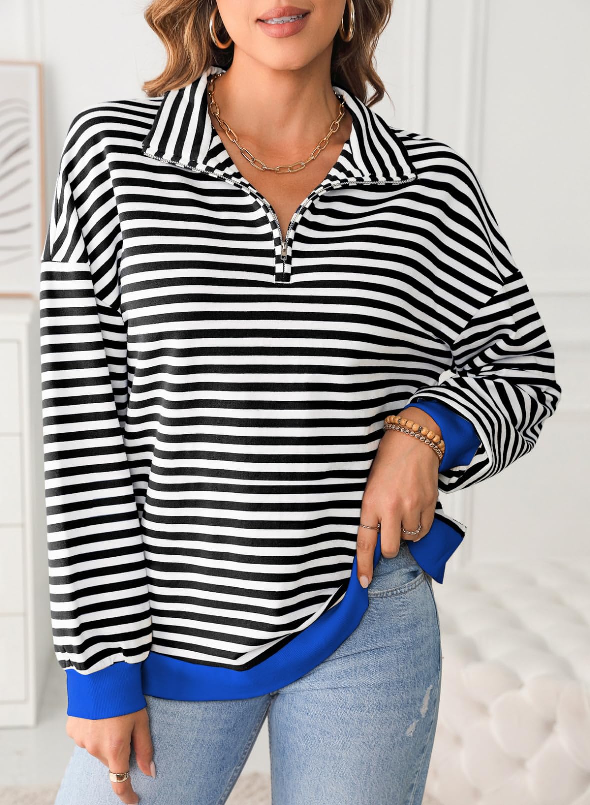 Women Casual Color Block Long Sleeve Shirts Quarter Zip Pullover