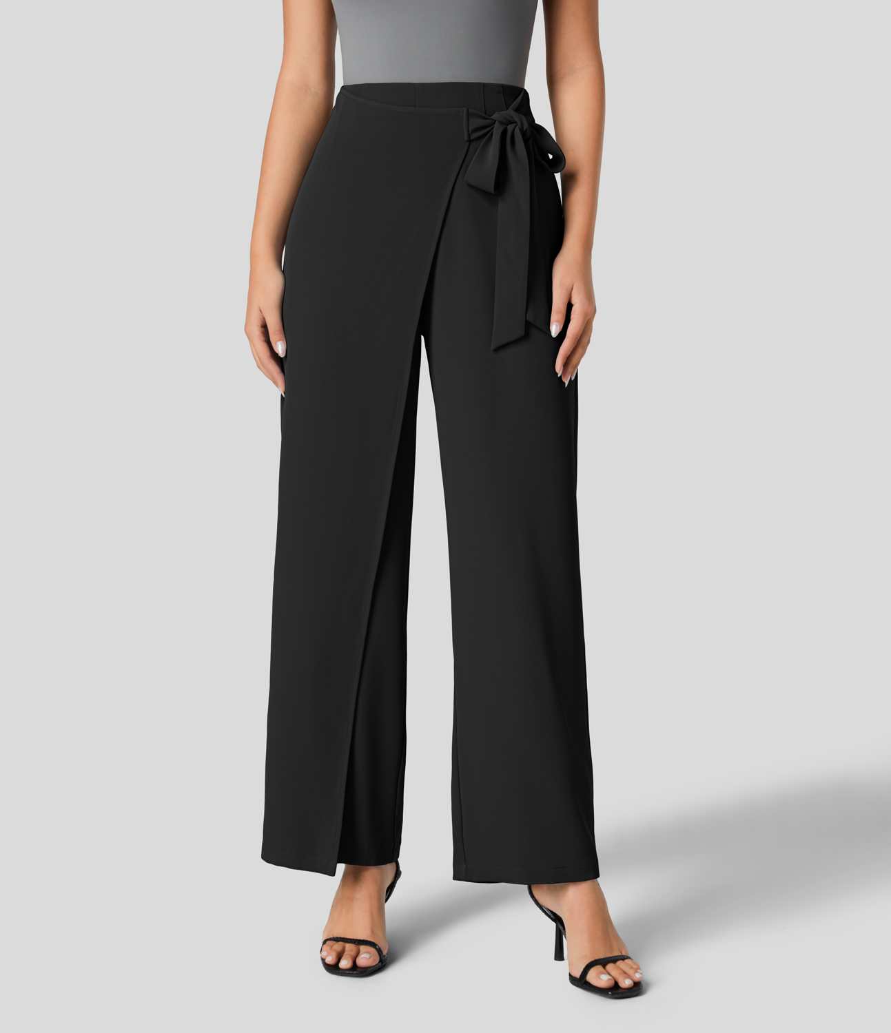 High Waisted Tie Side Invisible Zipper Wide Leg Work Suit Pants
