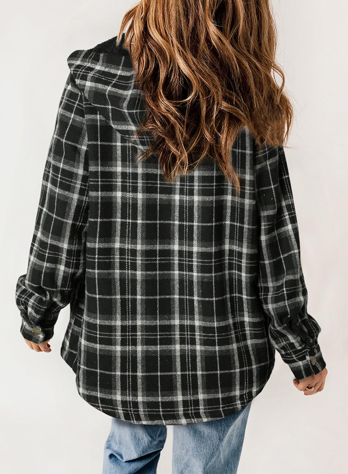  Women's Plaid Long Sleeve Button Fleece Hooded Jacket