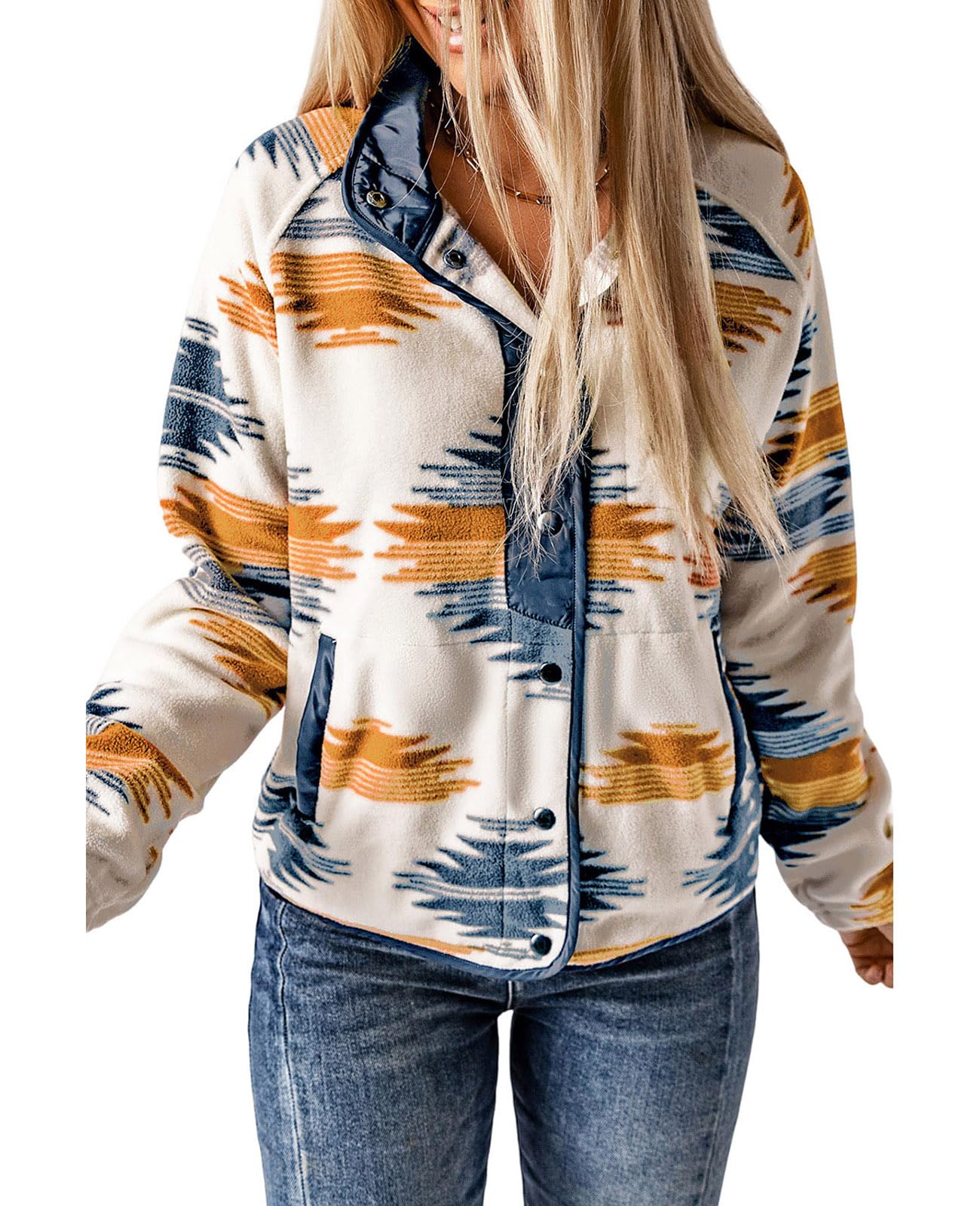 Women's Western Aztec Print Long Sleeve Snap Button Down Fleece Jackets with Pockets
