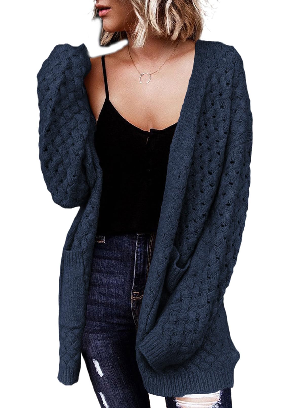 Women's Casual Open Front Long Sleeve Chunky Cable Knit Cardigans With Pockets