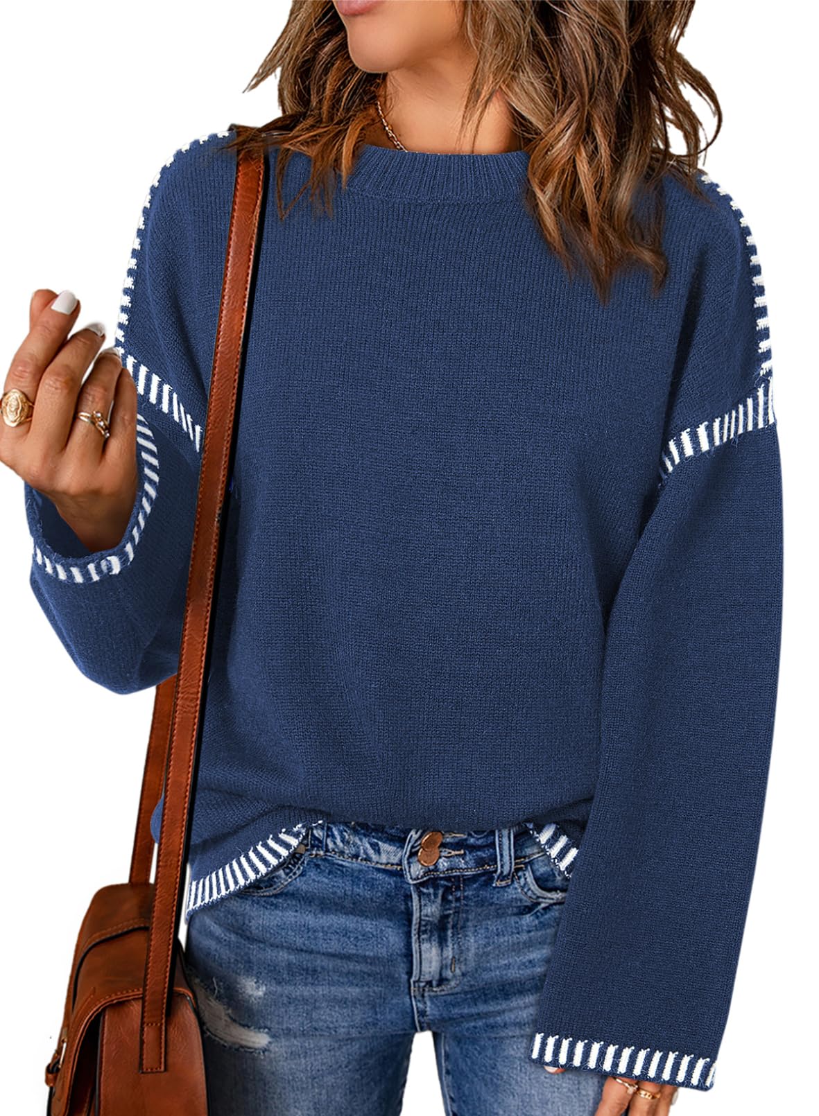 Women's Solid Crewneck Loose Fit Contrast Cable Knit Pullover Sweater