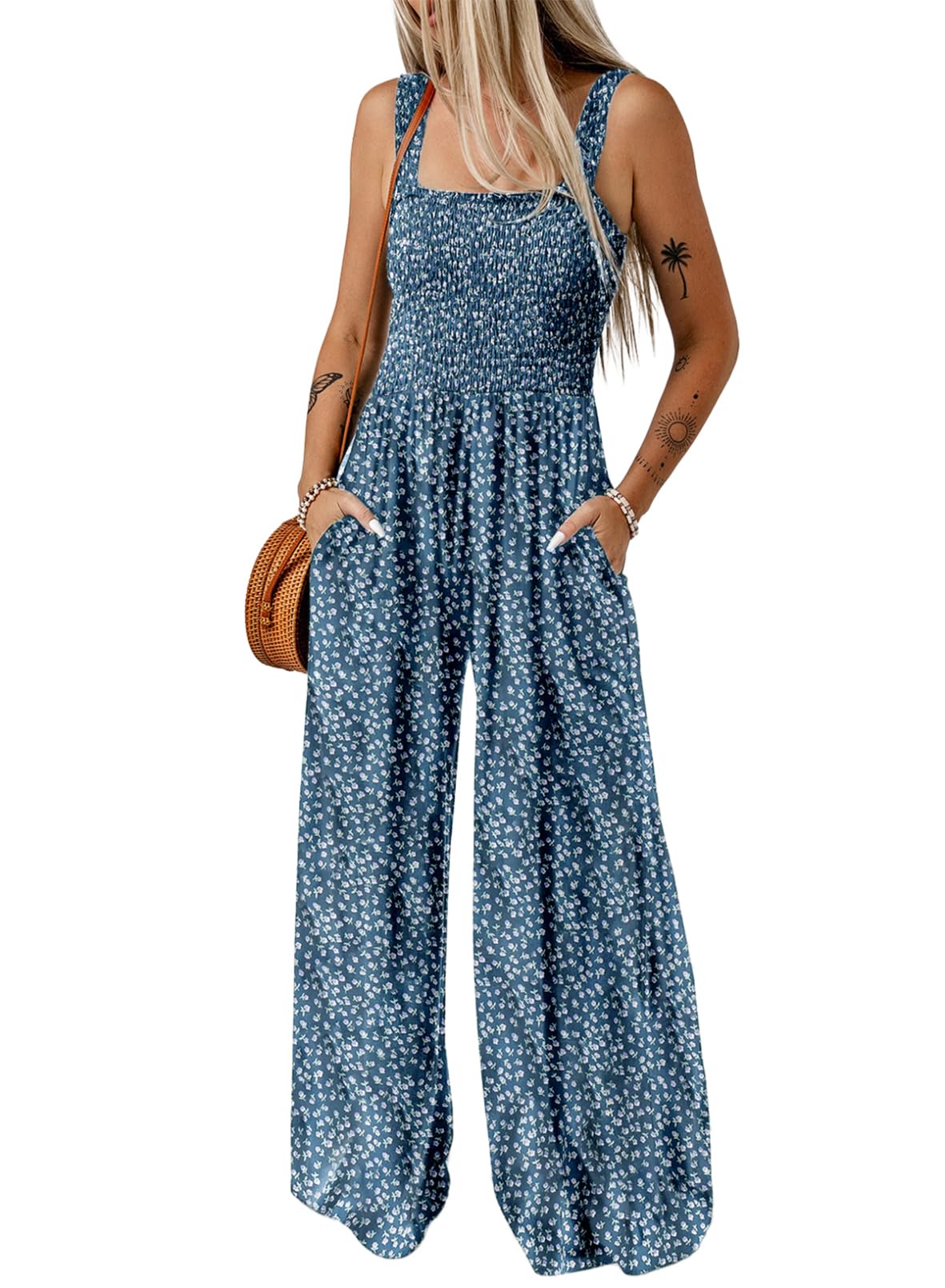 Womens Overalls Casual Floral Print Sleeveless Jumpsuit with Pockets