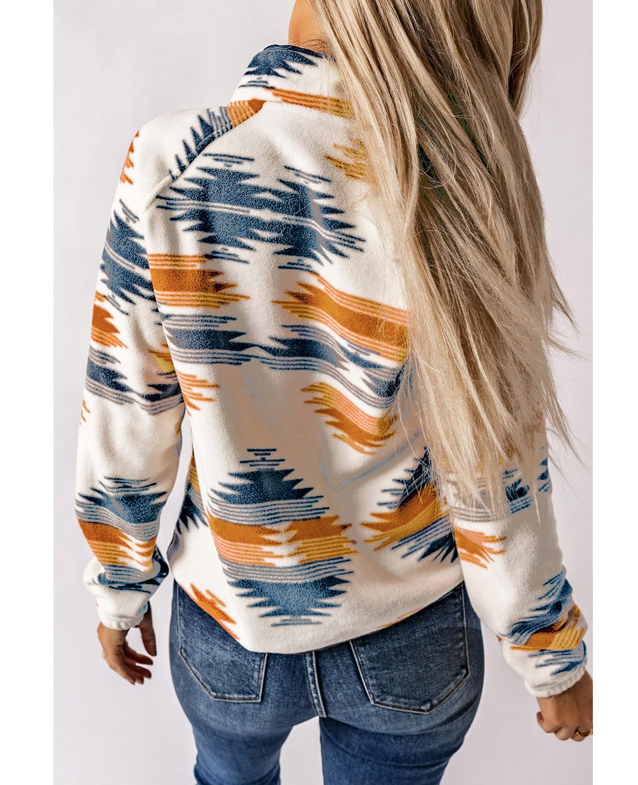 Women's Western Aztec Print Long Sleeve Snap Button Down Fleece Jackets with Pockets