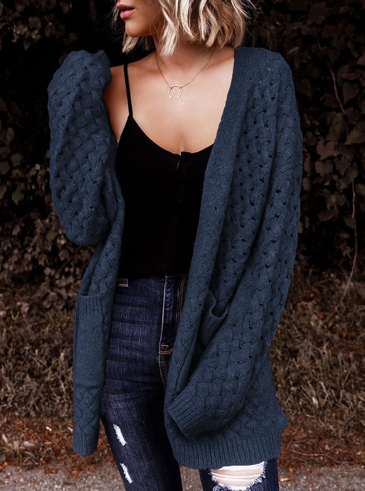 Women's Casual Open Front Long Sleeve Chunky Cable Knit Cardigans With Pockets