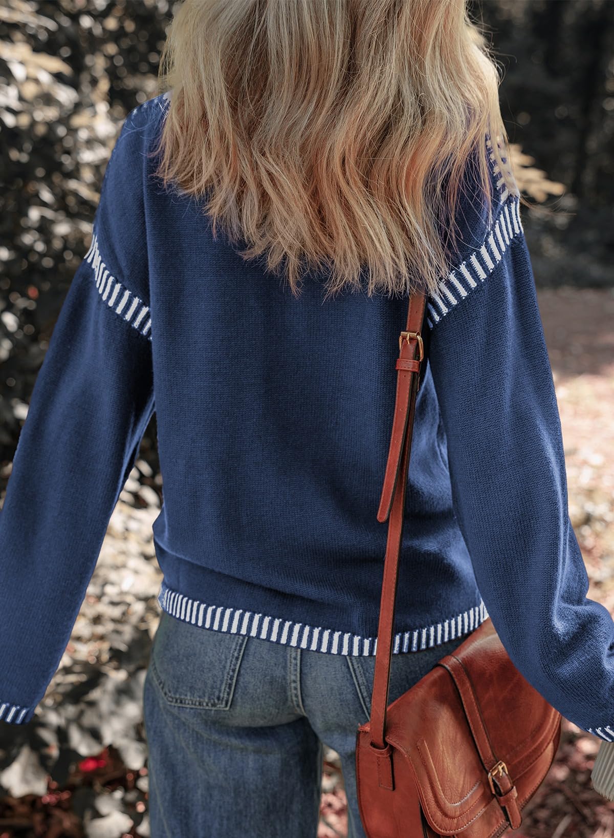Women's Solid Crewneck Loose Fit Contrast Cable Knit Pullover Sweater