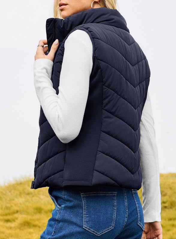 Womens Sleeveless Zip Up Stand Collar Quilted Vest