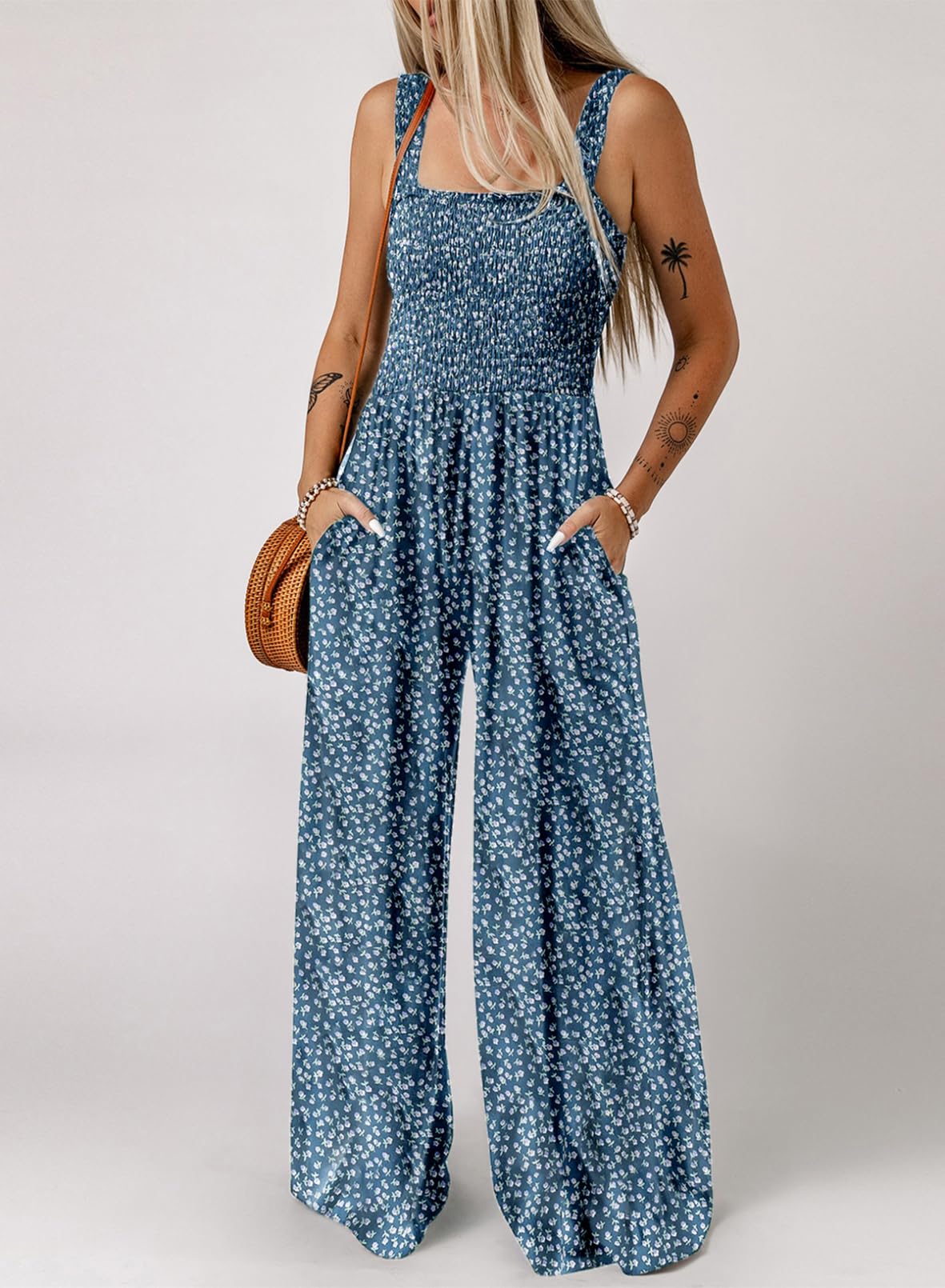Womens Overalls Casual Floral Print Sleeveless Jumpsuit with Pockets
