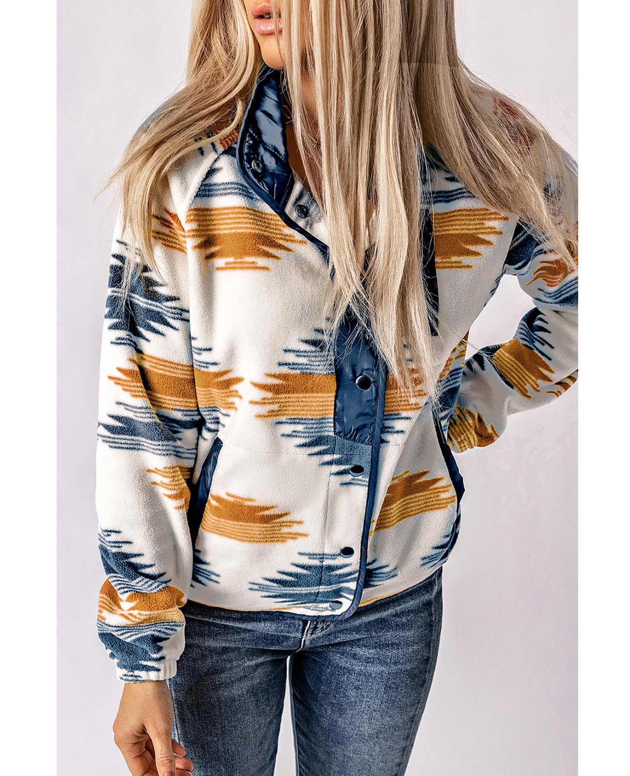 Women's Western Aztec Print Long Sleeve Snap Button Down Fleece Jackets with Pockets